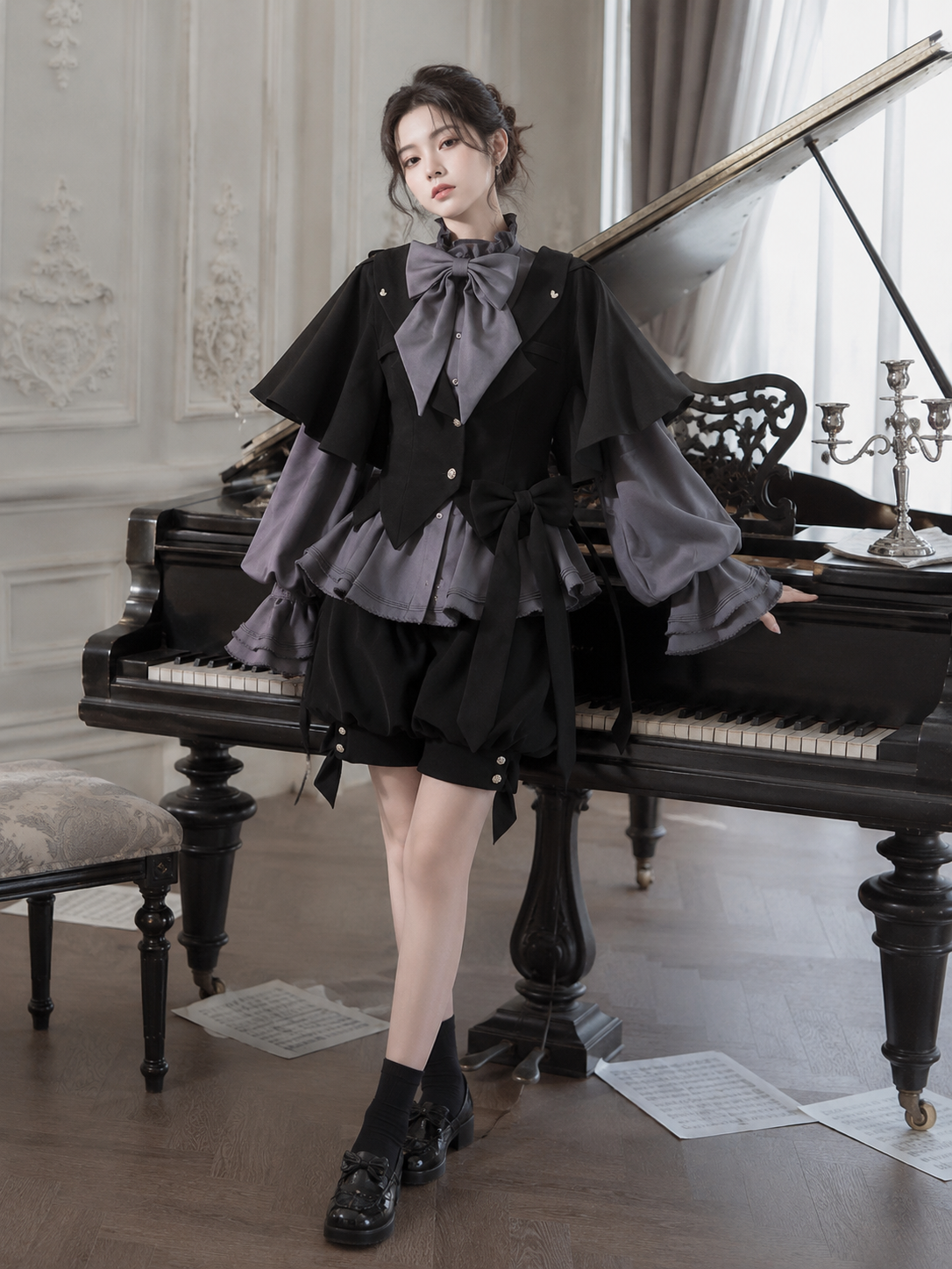 Rabbit-Ear Hooded Ouji Three-Piece Set - Black and Gray Styled Model View 07 Rabbit-Ear Hooded Ouji Three-Piece Set in Black and Gray, styled model view 07