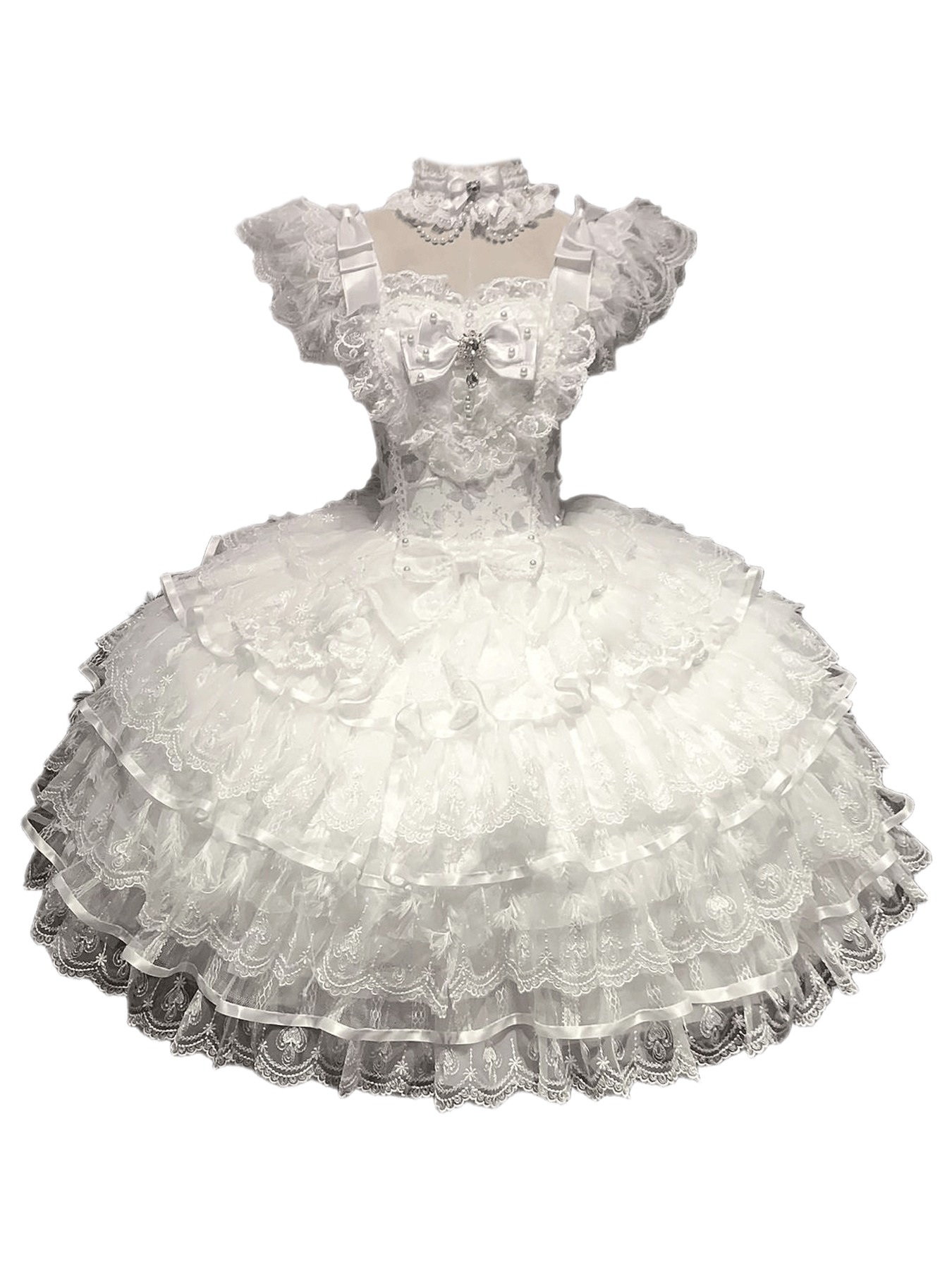 White tiered lace Lolita dress with ruffles, bows, pearls, and puff sleeves