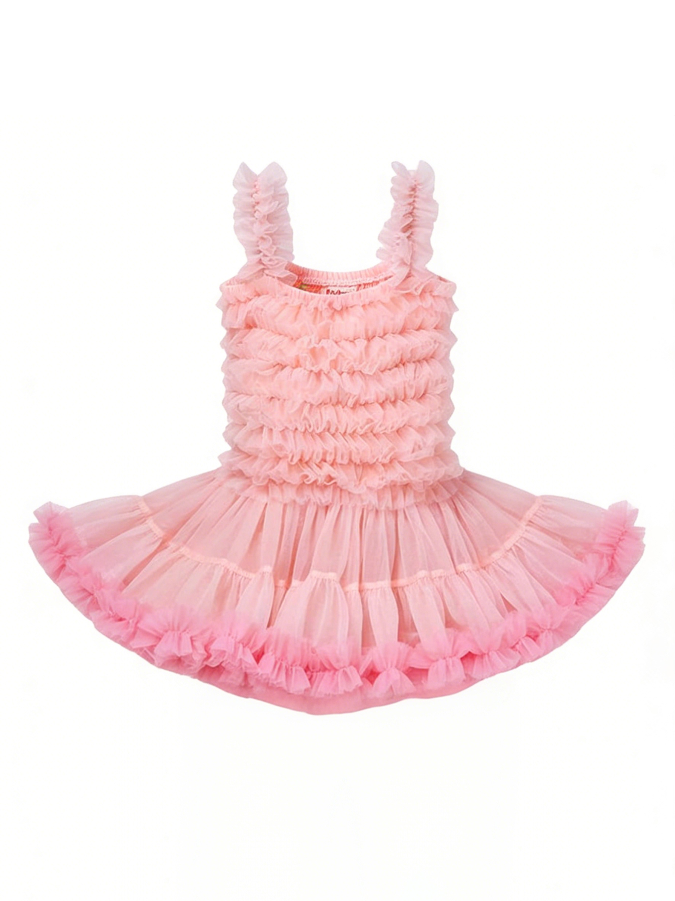 Pink ruffled Lolita style dress with layered tulle skirt and darker pink ruffled hem on a white background.