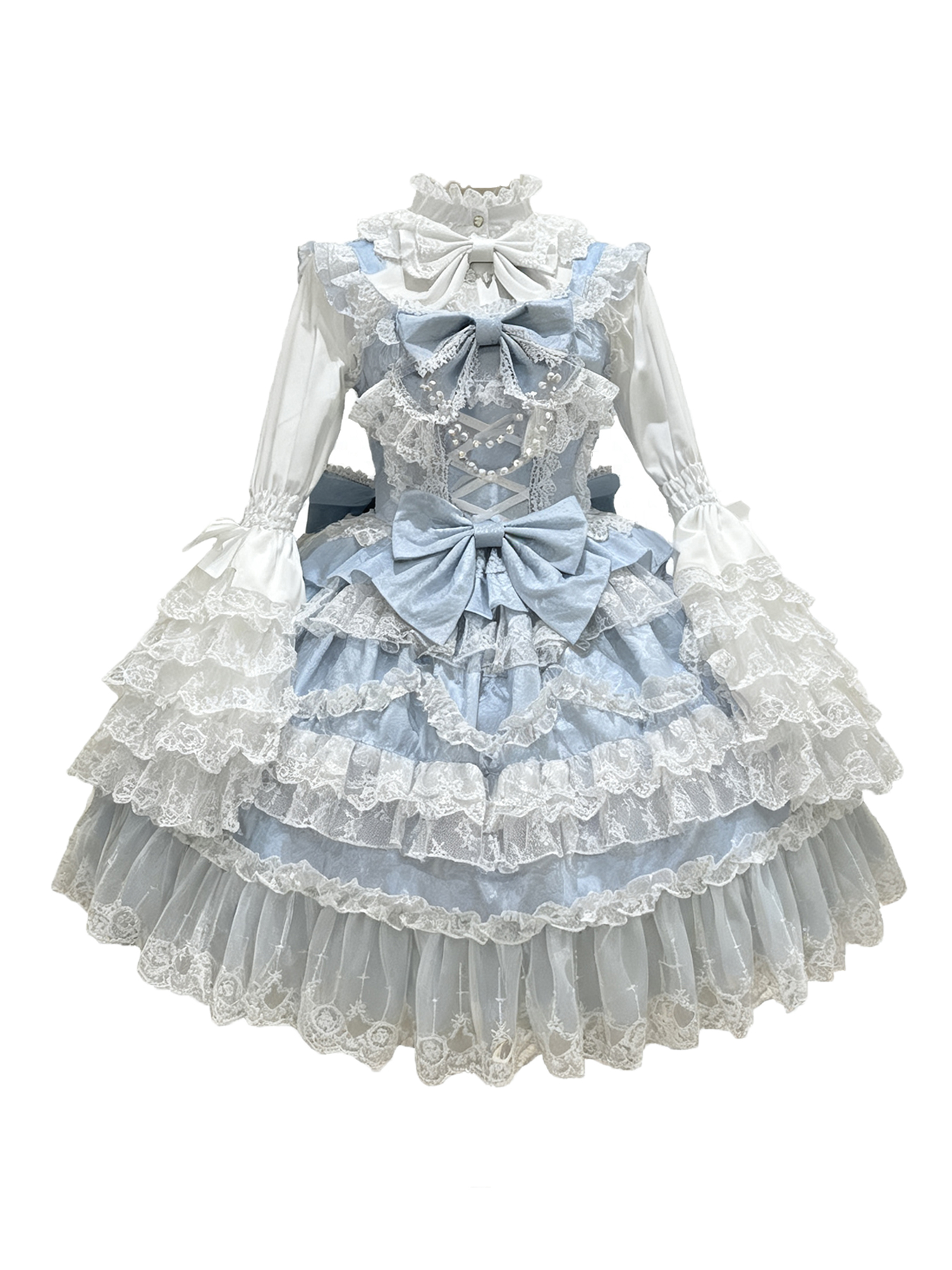 Light blue and white classic Lolita dress with multiple layers of ruffles, lace, and bows.