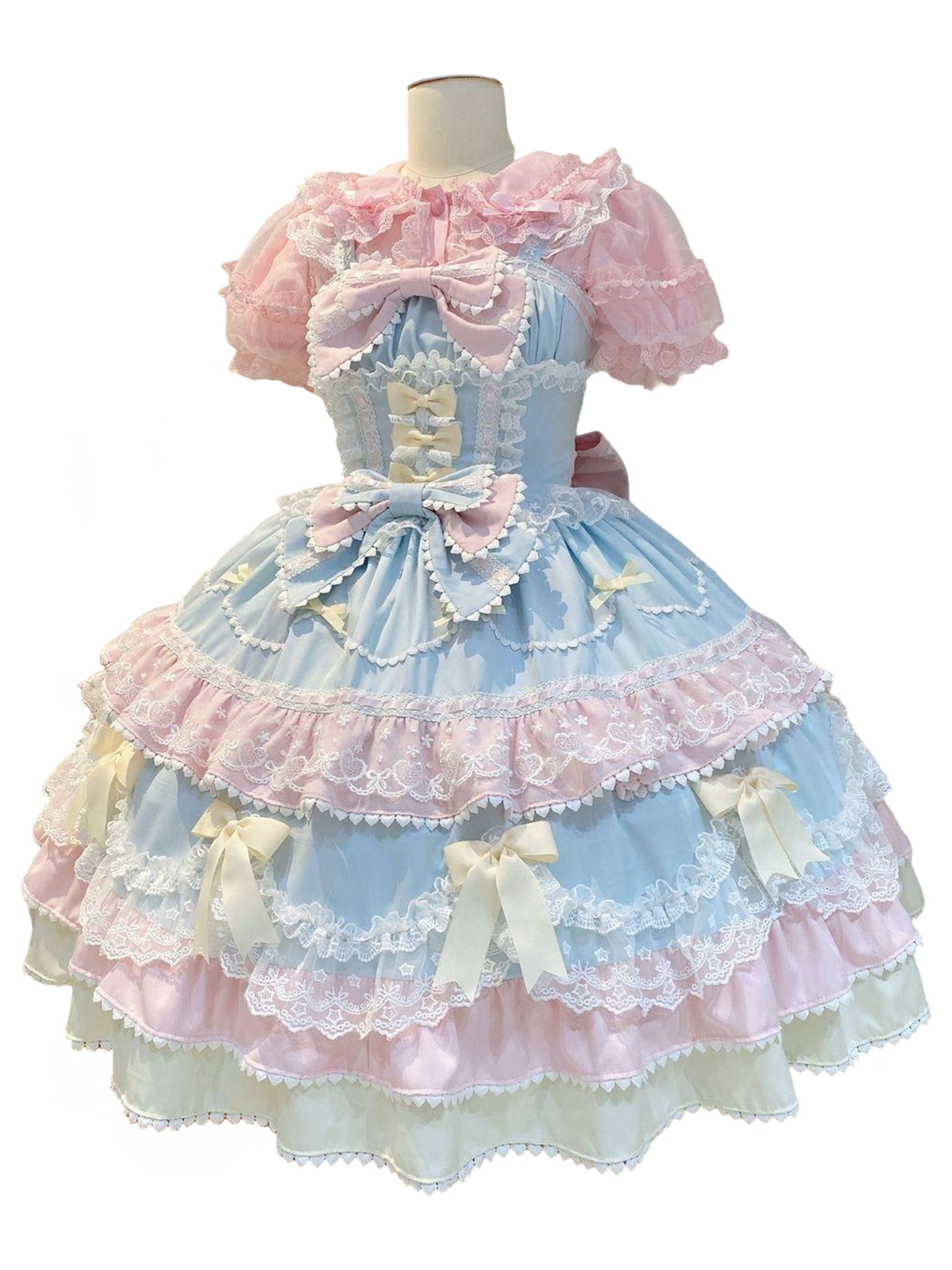 Sweet Lolita Style JSK Dress Compatible for Cosplay Outfits - Blue & Pink Puffy Sleeveless A-Line Dress with Layered Lace Ruffles & Heart-Bow Trims, Knee-Length Lolita Style Outfit for Tea Parties, Photoshoots, Meetups (Spring/Summer/Fall) | Machine - Aurora Lolita