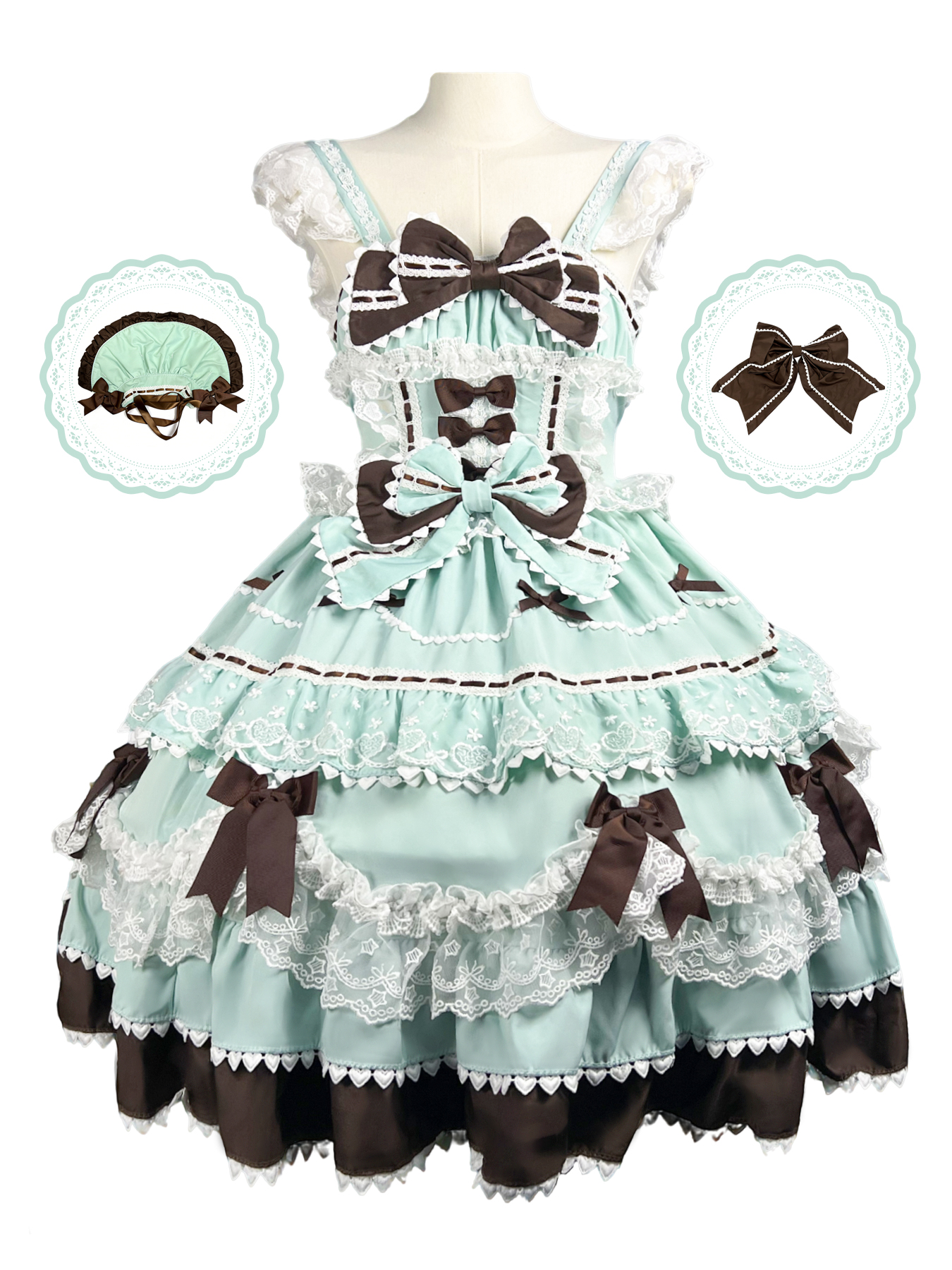 Sweet Lolita JSK in mint green and chocolate brown with bows, lace, and matching accessories.