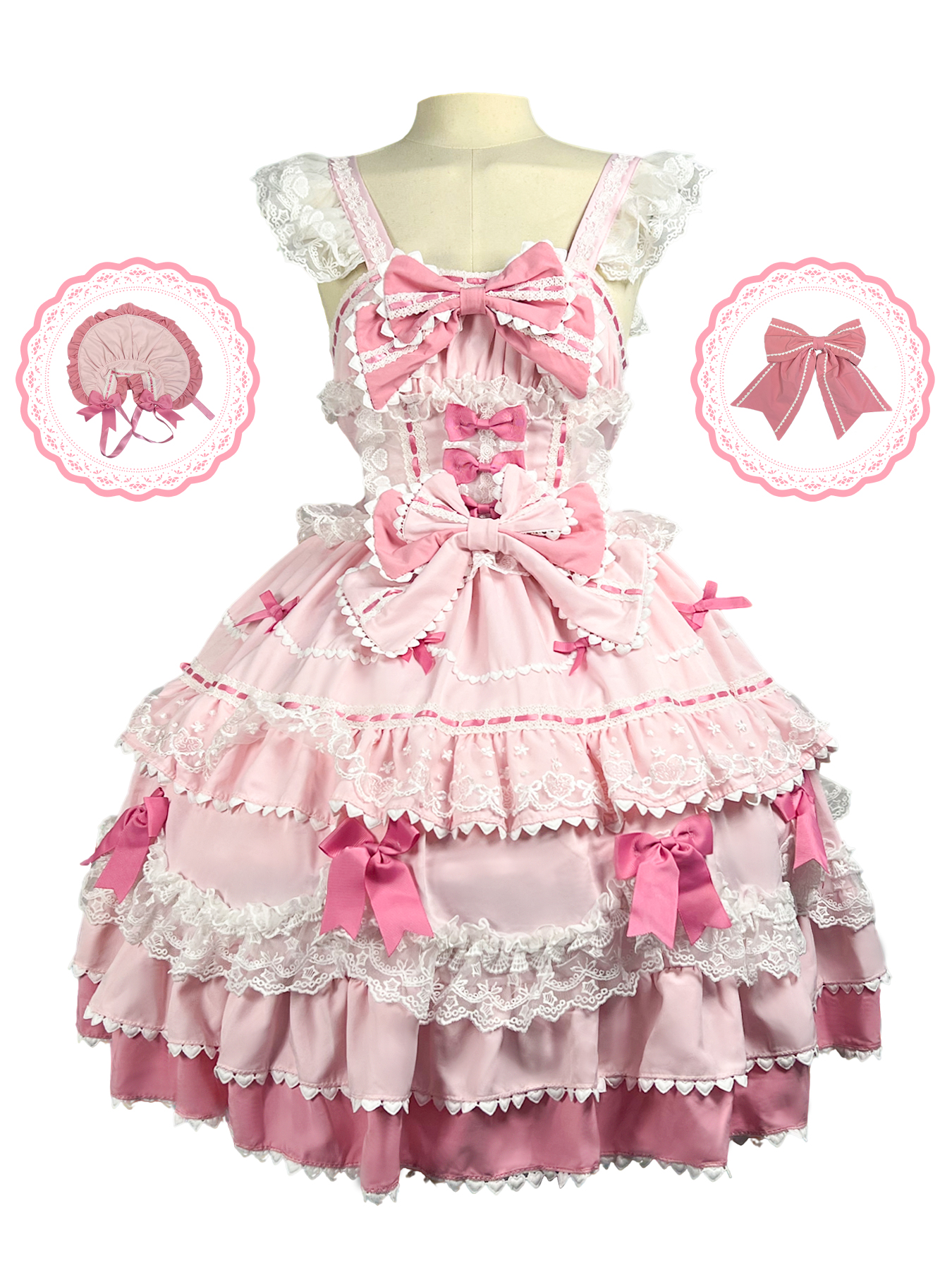 Sweet pink Lolita JSK dress with tiered ruffles, white lace, and numerous bows, shown with matching bonnet and hair bow.