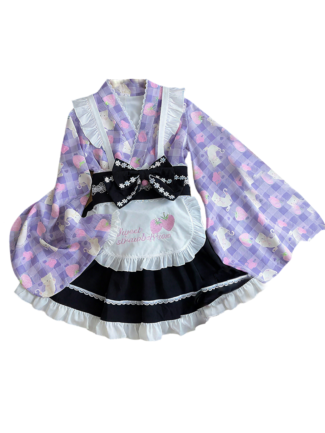 Sweet Lolita kimono-style dress with purple strawberry and cat print, black bow, and white apron.