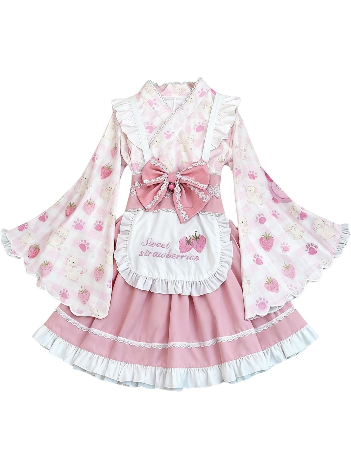 Pink and white Sweet Lolita dress with cat, paw print, and strawberry patterns, featuring a large bow and apron.