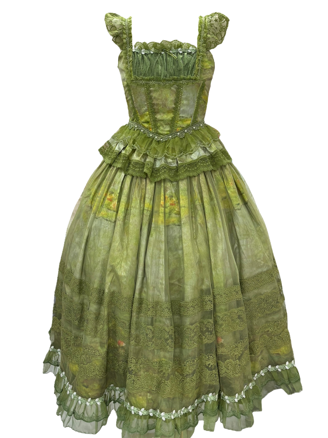 Green Classic Lolita dress with lace, ruffles, and nature print