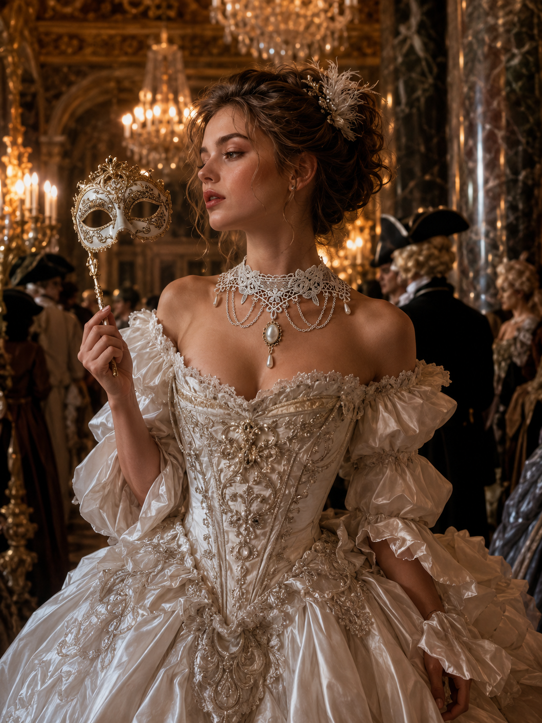 Woman in an elaborate ivory ball gown holding a golden masquerade mask in a grand ballroom.