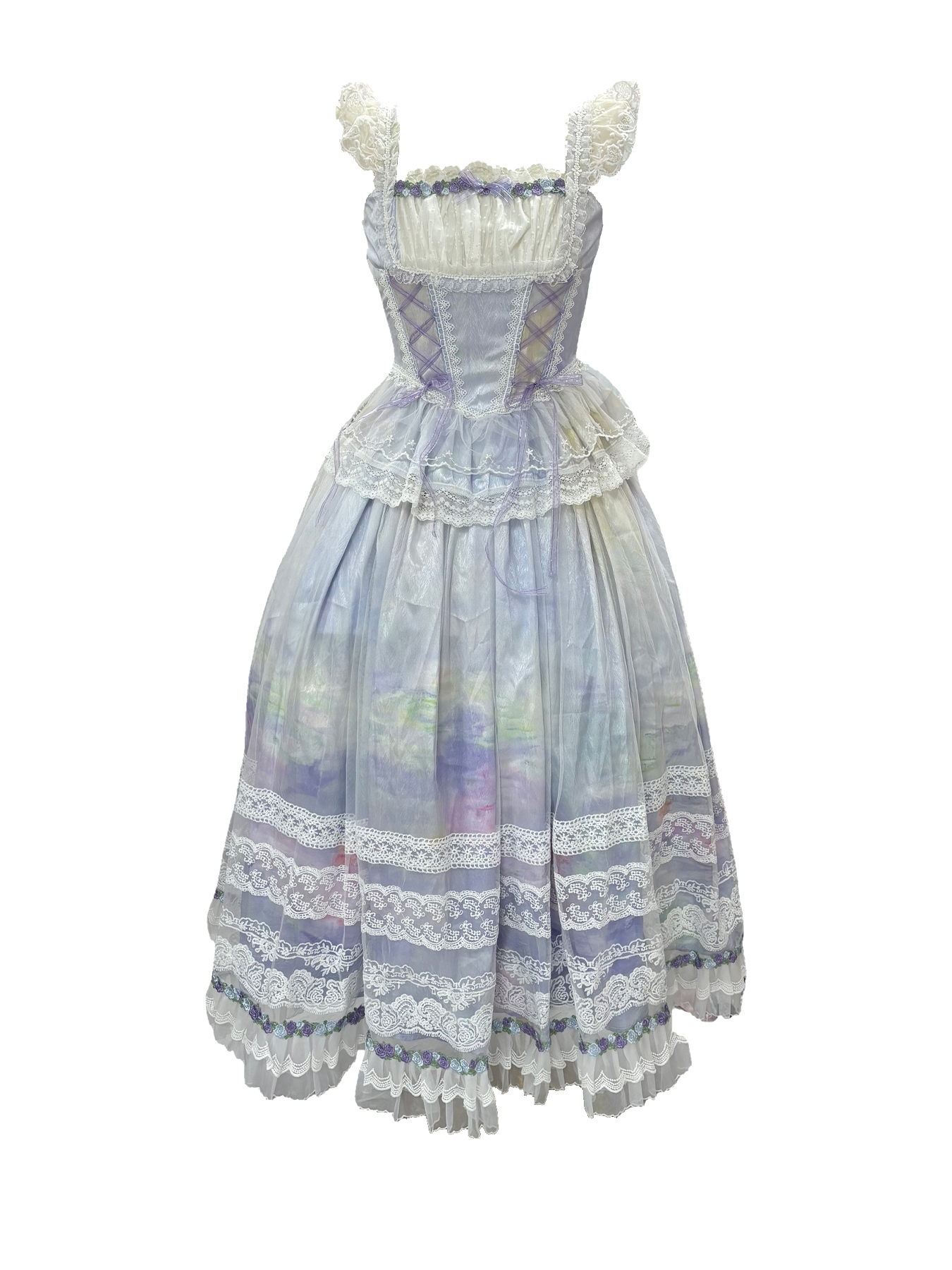 Lavender Lolita dress with white lace, ruffled straps, and corset lacing detail