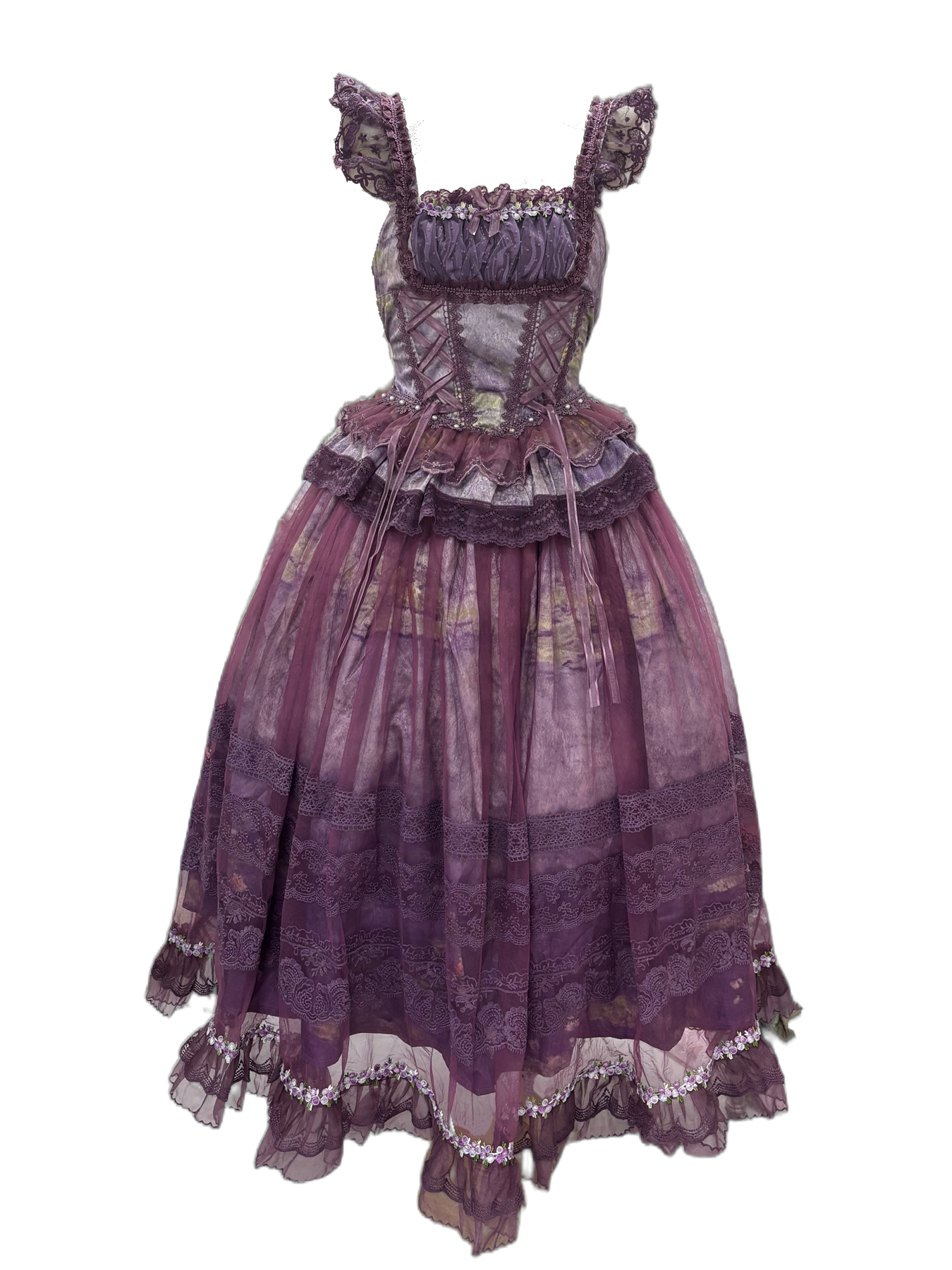 Purple Gothic Lolita dress with lace, ruffles, and corset detailing